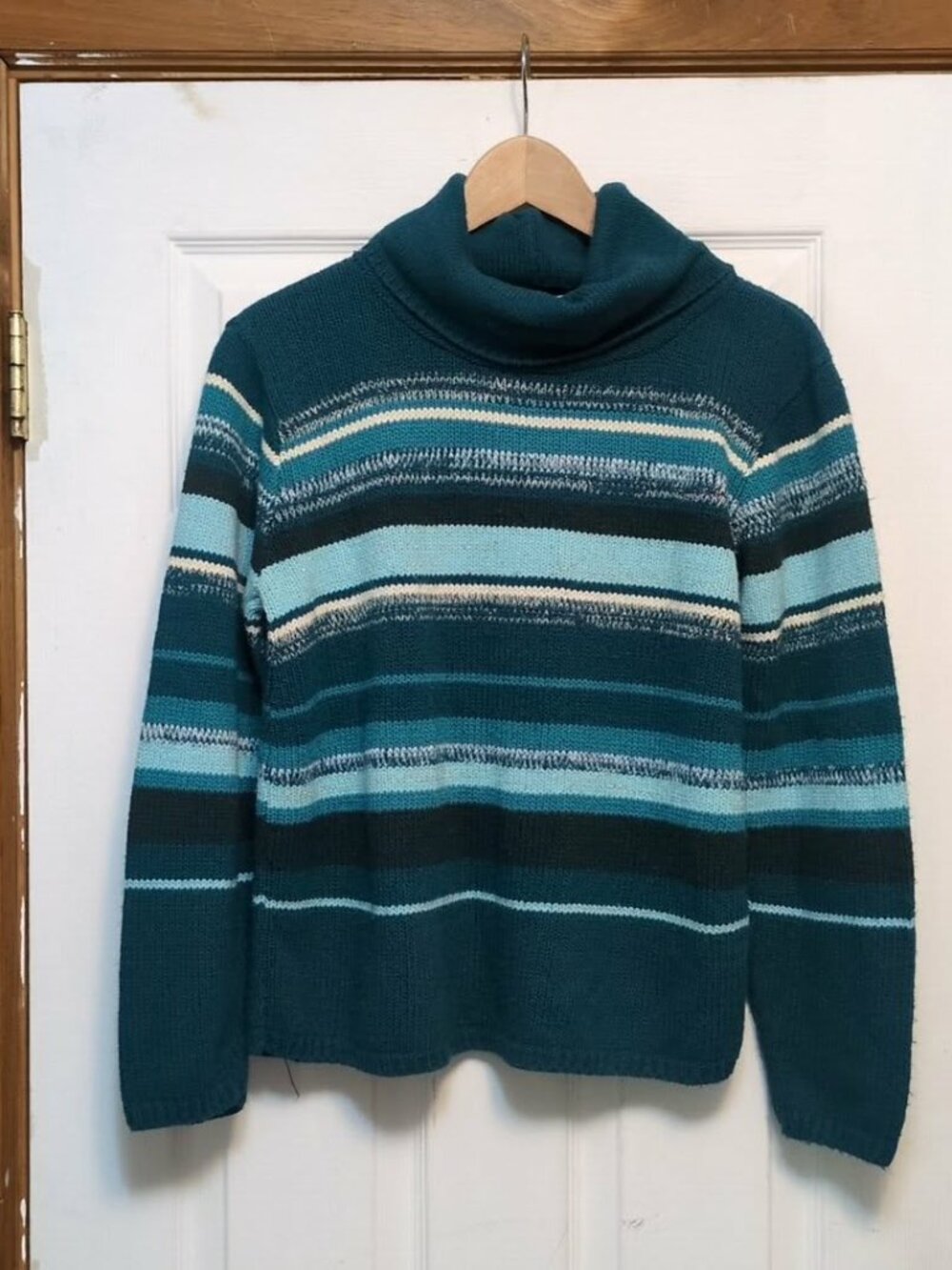 Vintage Sz M Teal Striped Turtleneck Knit Sweater Silver Metallic Lurex Boho 90s